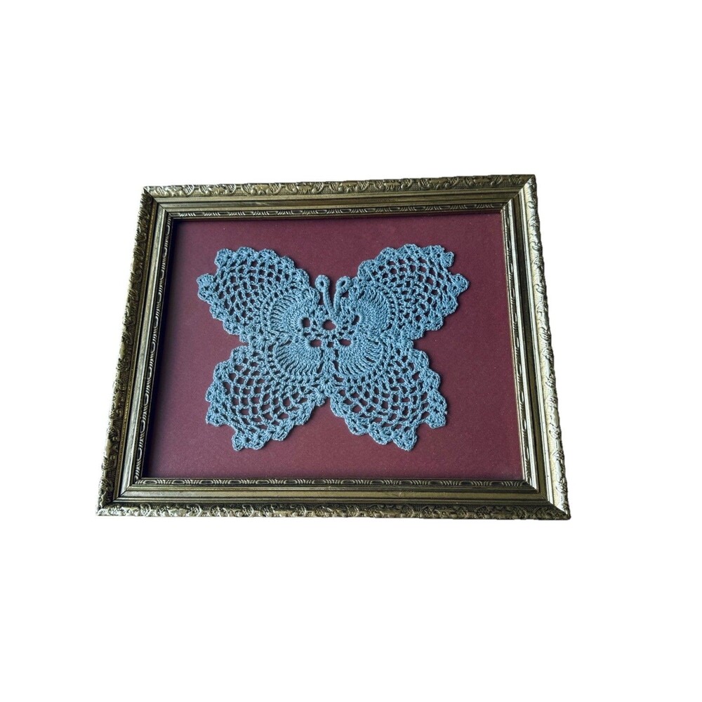 Vintage Framed Crochet Blue Butterfly Doily Cottage Core Framed Wall Decor